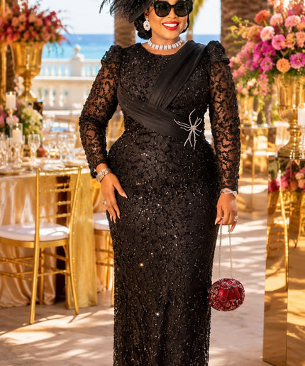 "Center of Attention" Black Beaded Sequin Formal Evening Dress Mother of The Bride Attire Wedding Guest Birthday Party Church Cocktail Reception Plus Size
