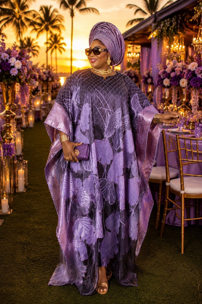 Always Lovely Purple Brocade Floral Kaftan Dress African Bubu Wedding Guest Attire 2-Piece