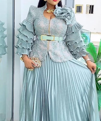 Ruffle Sleeve Pleated A-Line Gown | Mother of The Bride Wedding Guest Birthday Party