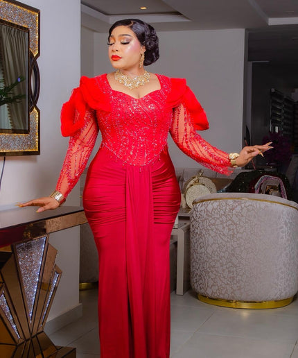 Red Beaded Ruffle Sleeve Ruched Draped Evening Dress: Mother of The Bride Wedding Guest Cocktail Party