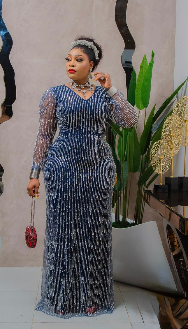 Elegant Blue Embellished Long Sleeve Maxi Dress for Mother of The Bride Wedding Guest Party Cocktail Engagement Gala Ceremony
