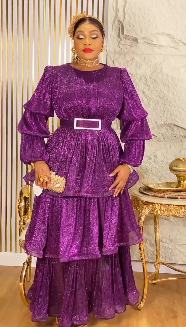 Waterfall Ruffle Bishop Sleeves Maxi Dress,  Mother of The Bride A-Line Gown, Plus Size Evening Wear Gala Cocktail Party