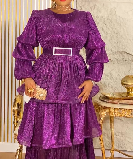 Waterfall Ruffle Bishop Sleeves Maxi Dress,  Mother of The Bride A-Line Gold Gown, Plus Size Evening Wear Gala Cocktail Party