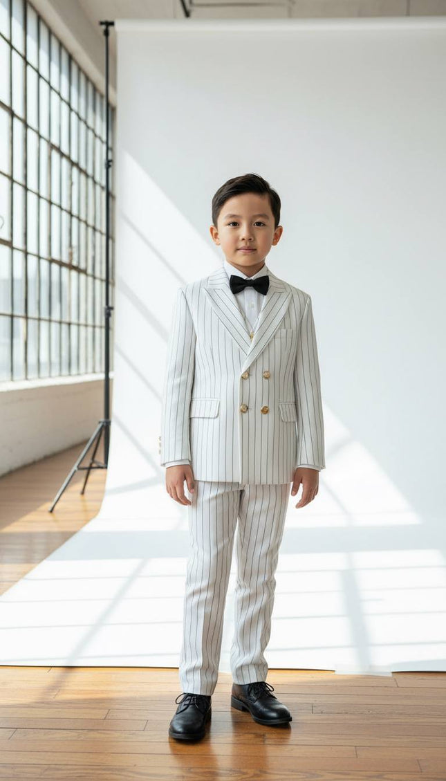 Boys' Pinstripe Slim Fit 5-Piece Suit Set: Wedding Ring Bearer Baptism Graduation Birthday Party Photoshoot