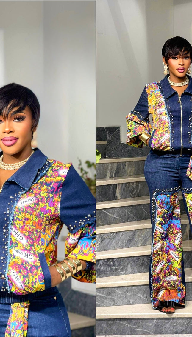 Dramatic Denim & Diamonds 2-Piece Set, Rhinestone Stretch Curvy Cotton Jeans, Birthday Party Dinner Outfit