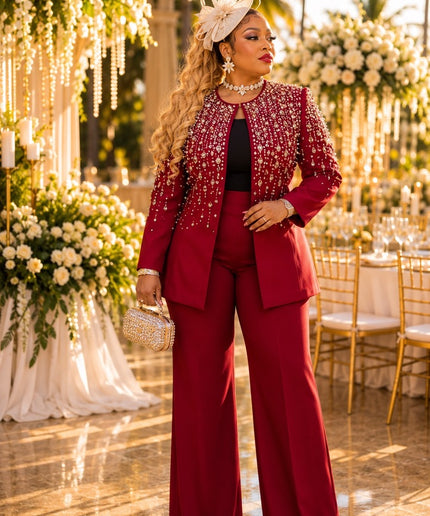 Burgundy Rhinestone Embellished 3-Piece Suit Set, Jacket Camisole Wide-Leg Pants: Wedding Guest Graduation Anniversary Engagement Ceremony Mother of The Bride Plus Size
