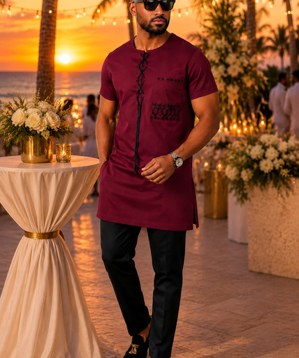 Men's Burgundy Embroidered Cotton Short Sleeve Shirt & Pants, African Wedding Guest Groom Groomsmen Father of The Bride Attire Engagement Ceremony Birthday Party Outfit
