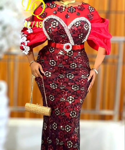 Sequin Embellished Dramatic Sleeve Maxi Dress | Wedding Party Birthday Celebrant Gala