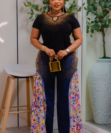 Colorful Black Denim & Diamonds 2-Piece Wide-Leg Pants Set, Crystal Rhinestone Bling Matching Stretch Jeans, Birthday Photos Party Dance Grad BBQ Concert Weekend Get-Together Outfit