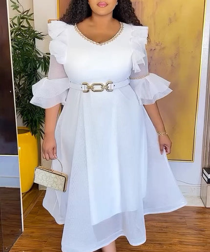 White Ruffle Sleeve Midi Dress