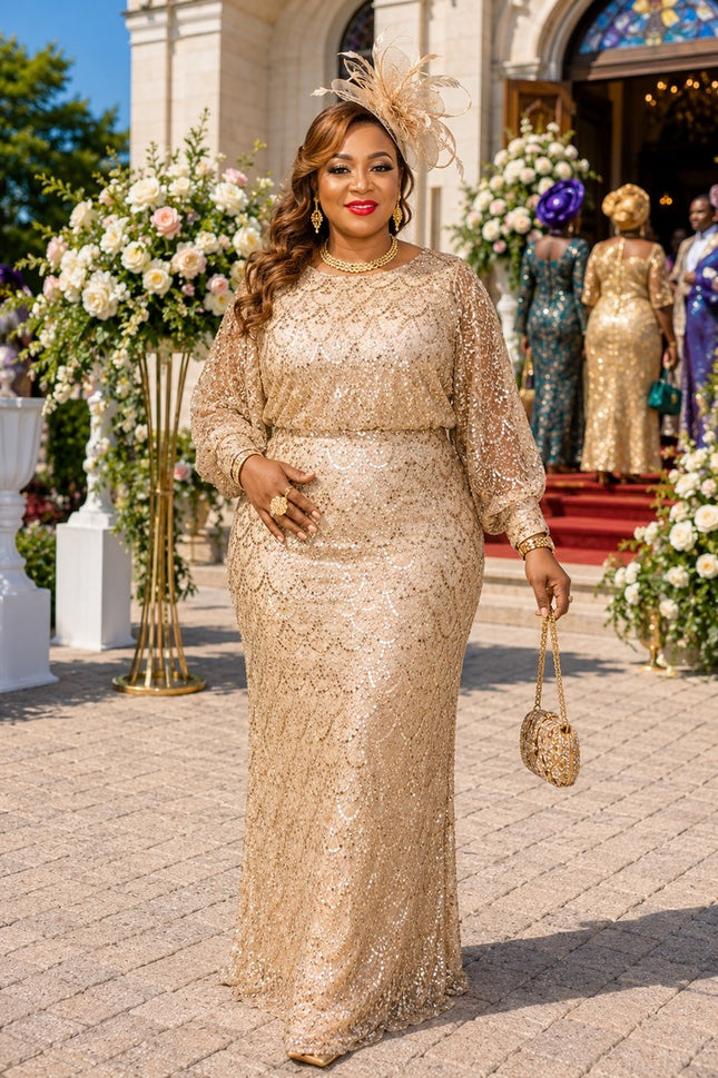 Stunning Gold Beaded Party Dress for Mother of The Bride Cocktail Reception Wedding Guest Church Gala Birthday Formal Evening Gown