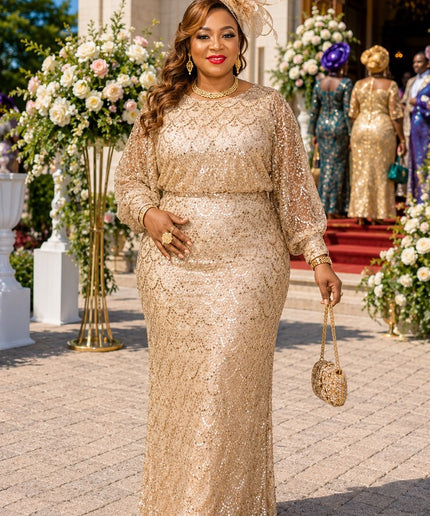 Stunning Gold Beaded Party Dress for Mother of The Bride Cocktail Reception Wedding Guest Church Gala Birthday Formal Evening Gown