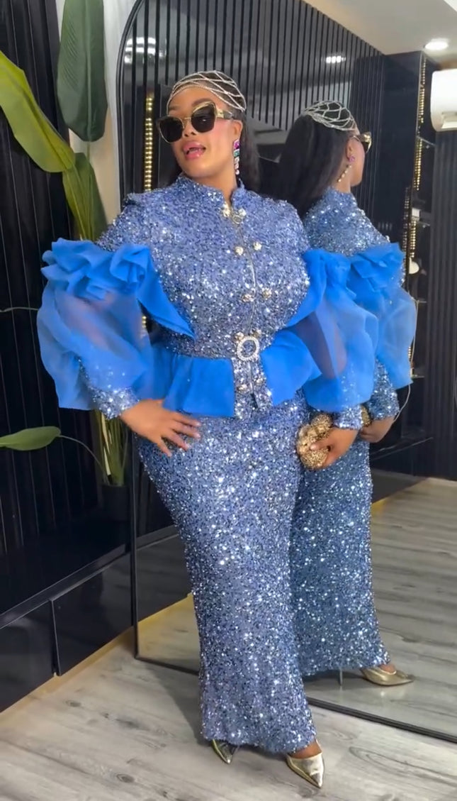 Blue Sequin Wedding Guest Dress Ruffles Peplum, Plus Size Mother of The Bride Evening Wear