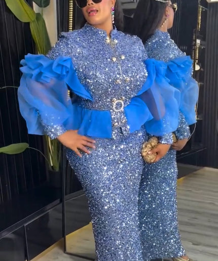 Blue Sequin Wedding Guest Dress Ruffles Peplum, Plus Size Mother of The Bride Evening Wear