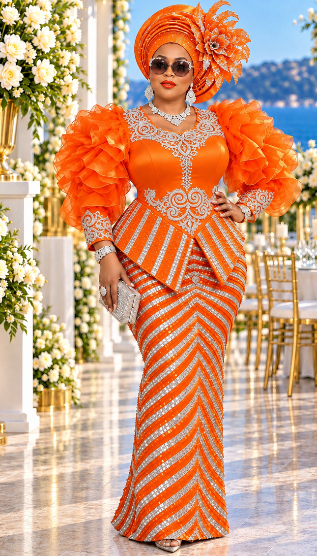 "No Competition" Mother of The Bride Dress Orange Sequin Rhinestone Embellished Peplum Ruffle Sleeve Party Dress for Celebrant Birthday Party Dinner Holiday Cocktail Reception