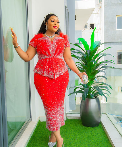 Beaded Wedding Guest Midi Dress, Curvy Mother of The Bride Outfit, Embellished Feathered Peplum Tea Length Dress, Celebrant Birthday Party Cocktail Graduation