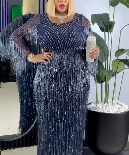 Fancy Fringe Crystal-Embellished Maxi Dress