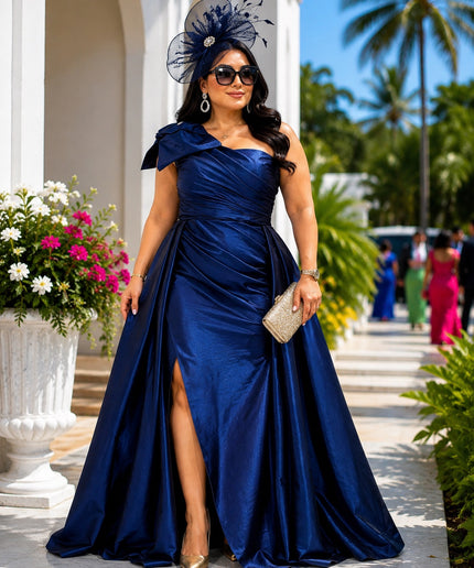 Fancy Purple One-Shoulder Draped Ruched Overskirt Dress Long Formal Evening Holiday Gown for Mother of The Bride Cocktail Reception Wedding Guest Birthday Party Outfit