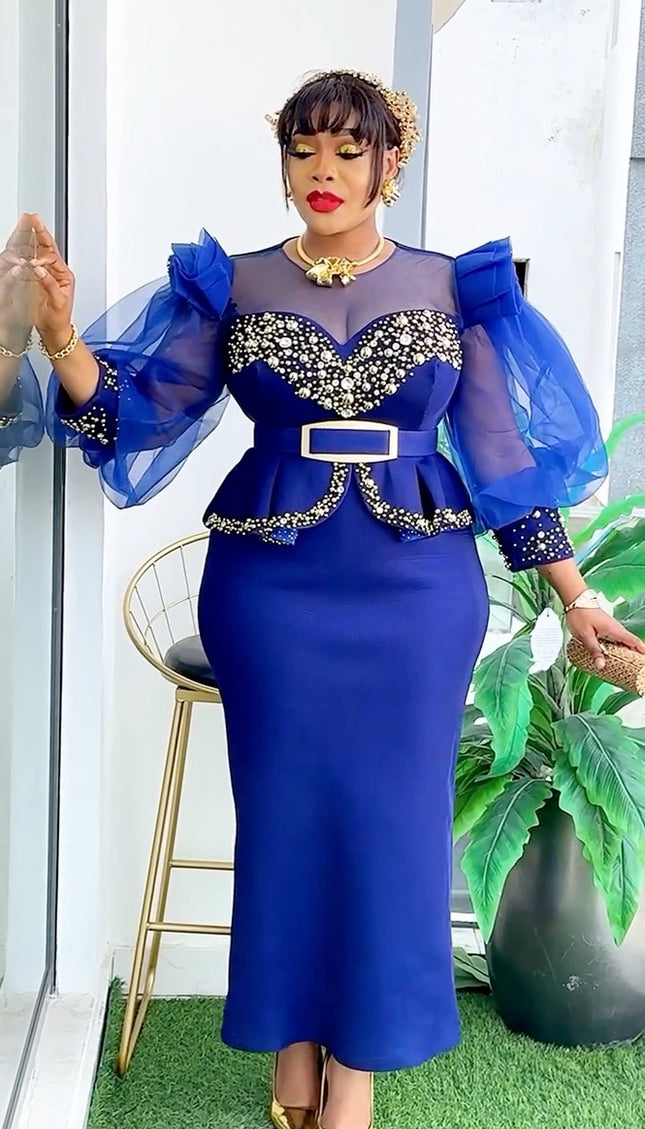 Ruffle Sleeve Embellished Peplum Maxi Dress