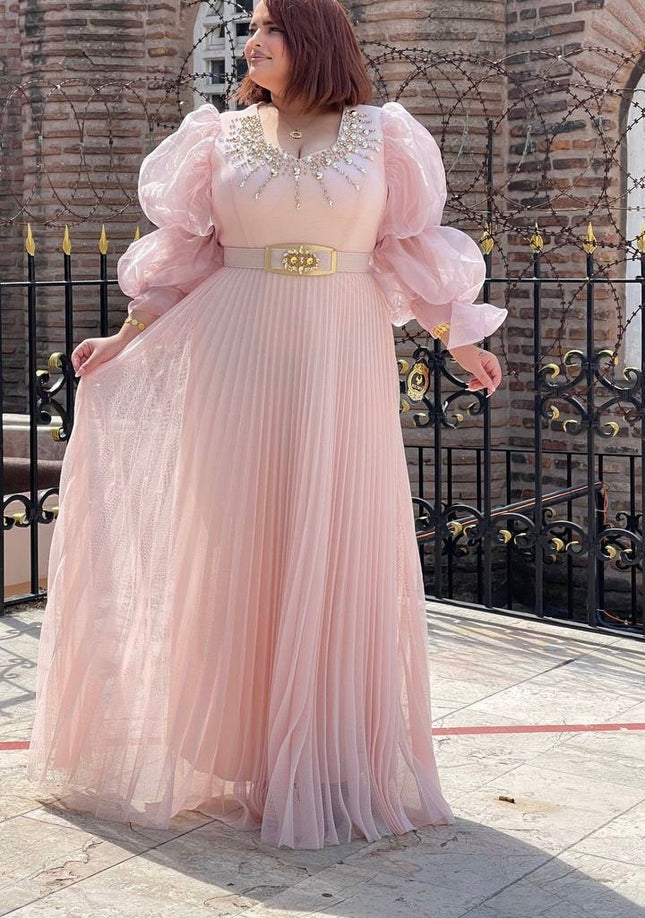 Dramatic Sleeve Embellished Pleated White Maxi Dress
