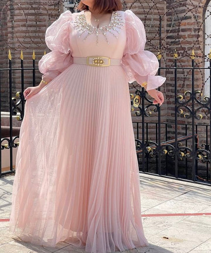 Dramatic Sleeve Embellished Pleated White Maxi Dress