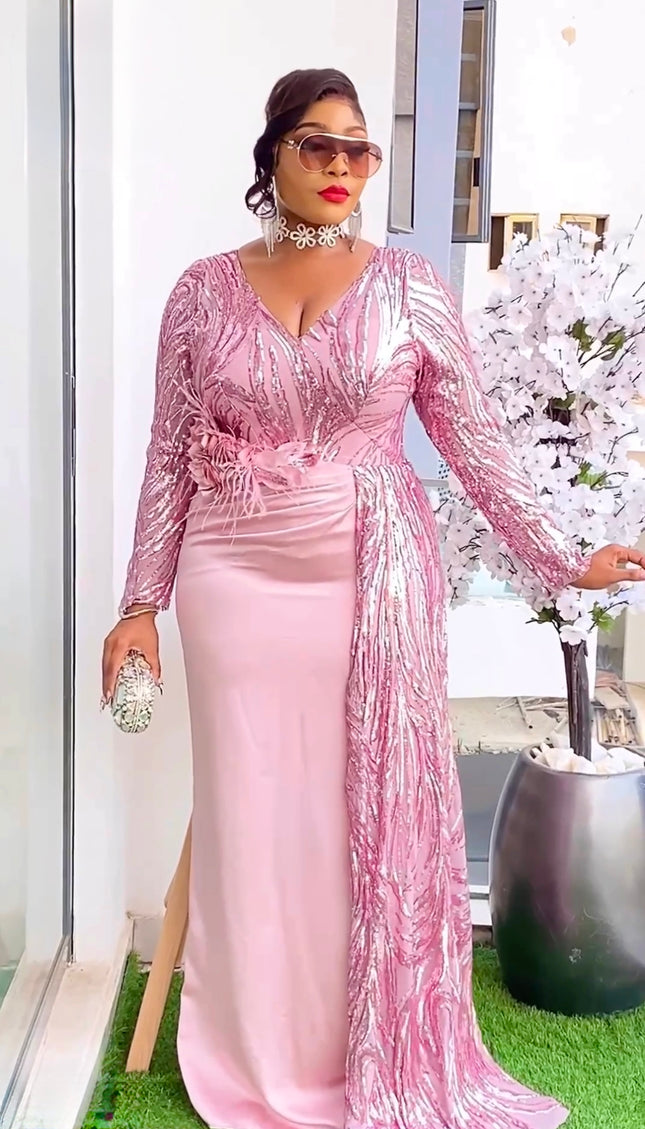 Sequin Embellished Side Flower Draped Maxi Gown | Party Guest Wedding Birthday Mother of The Groom Bridal