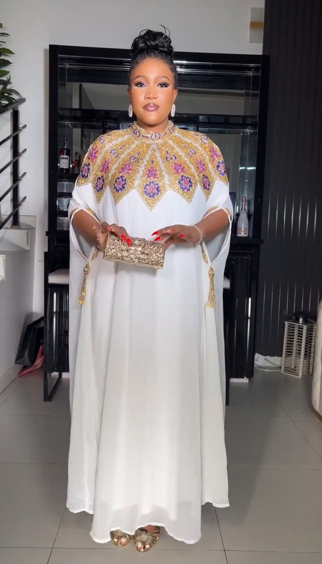 Beaded Embroidery Kaftan with Sleeve Tassels | Women's Party Maxi Dress Engagement Wedding Guest