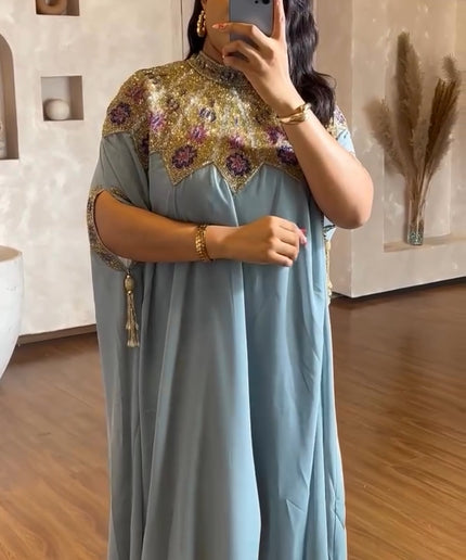 Beaded Embroidery Kaftan with Sleeve Tassels | Women's Party Maxi Dress EID Abaya Engagement Wedding Guest