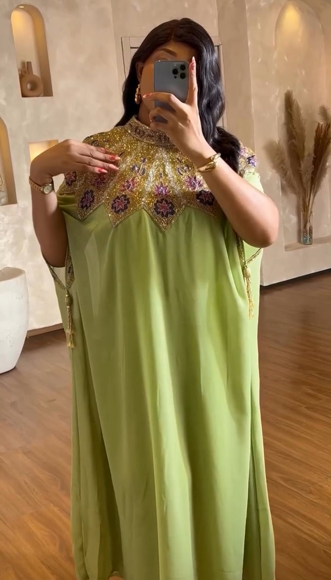 Beaded Embroidery Kaftan with Sleeve Tassels | Women's Party Maxi Dress EID Abaya Engagement Wedding Guest