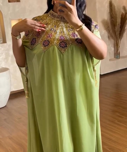 Beaded Embroidery Kaftan with Sleeve Tassels | Women's Party Maxi Dress EID Abaya Engagement Wedding Guest