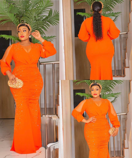 Orange Embellished Slit Sleeve Mermaid Dress - Wedding Guest Cocktail Reception Mother of The Bride or Groom