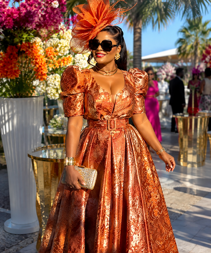 Glamorous Burnt Orange Brocade Pleated A-Line Dress Rustic Long Formal Evening Gown Mother of Bride Wedding Guest Bridal Photos Holiday Cocktail Reception Birthday Party Outfit