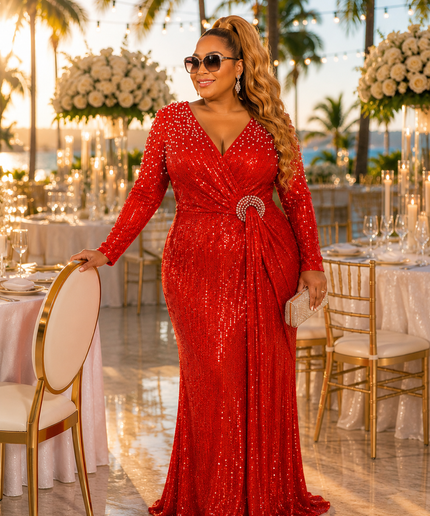 Red Sequin Embellished Draped Dress Formal Evening Gown Party Wedding Guest Cocktail Mother of The Bride Plus Size