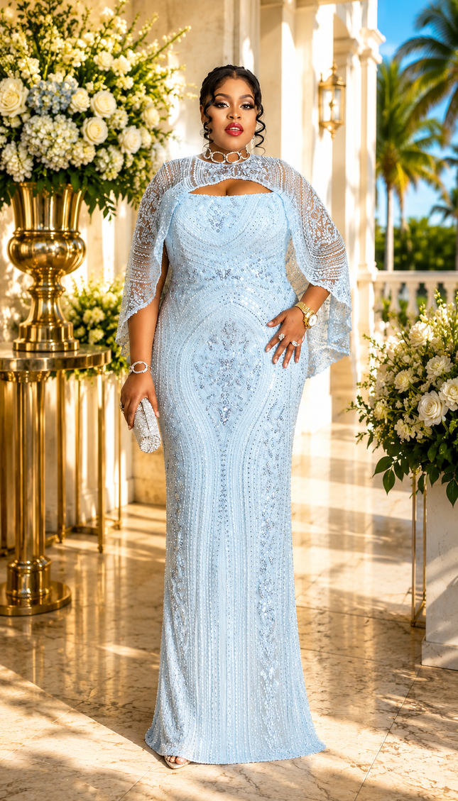 Blue Off-The-Shoulder Beaded Formal Evening Gown & Cape for Party Cocktail Wedding Guest Birthday Celebrant Mother of The Bride Gala Plus Size