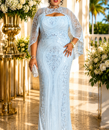 Blue Off-The-Shoulder Beaded Formal Evening Gown & Cape for Party Cocktail Wedding Guest Birthday Celebrant Mother of The Bride Gala Plus Size