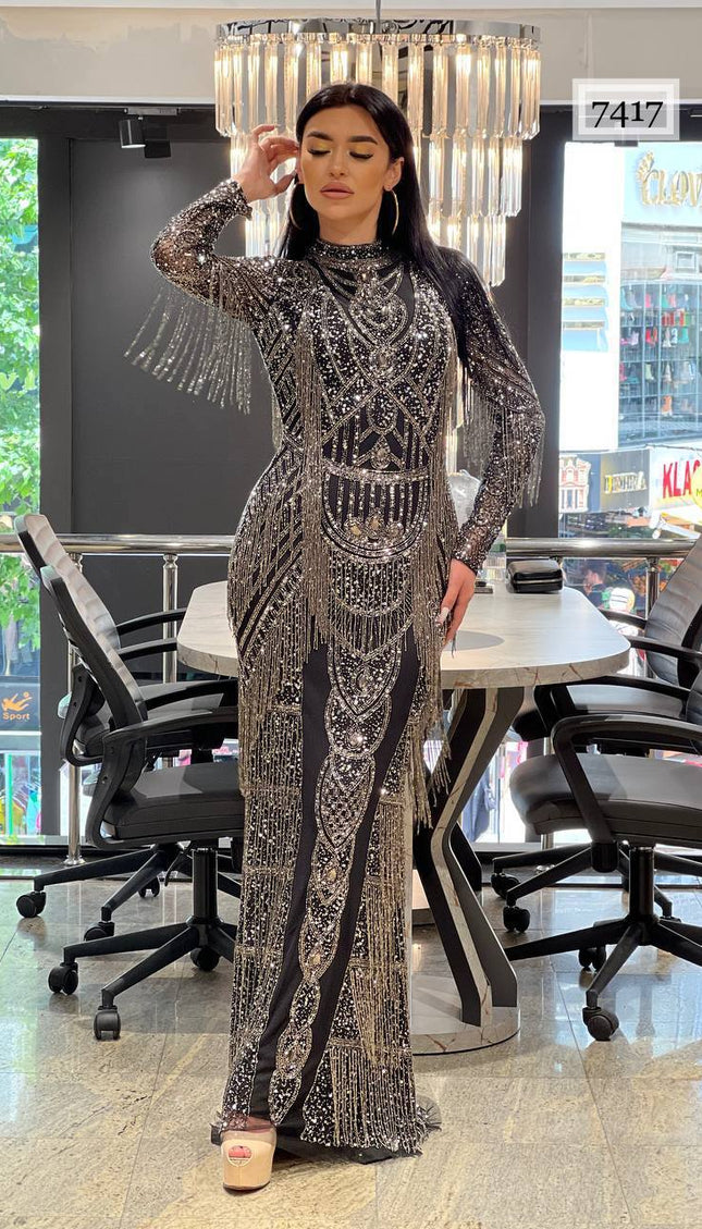 Fringe Crystal-Embellished Maxi Dress | Wedding Birthday Party Anniversary