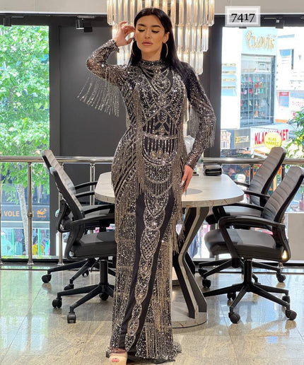 Fringe Crystal-Embellished Maxi Dress