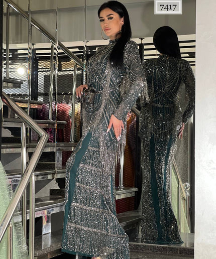 Fringe Crystal-Embellished Maxi Dress