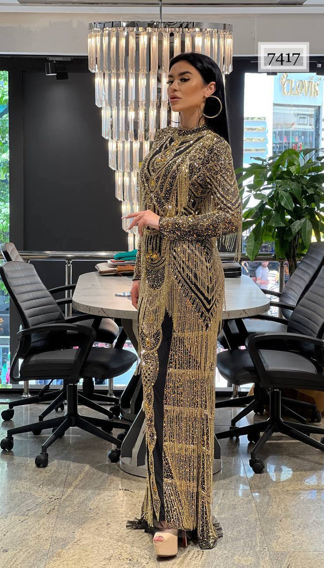 Fringe Crystal-Embellished Maxi Dress | Wedding Birthday Party Anniversary