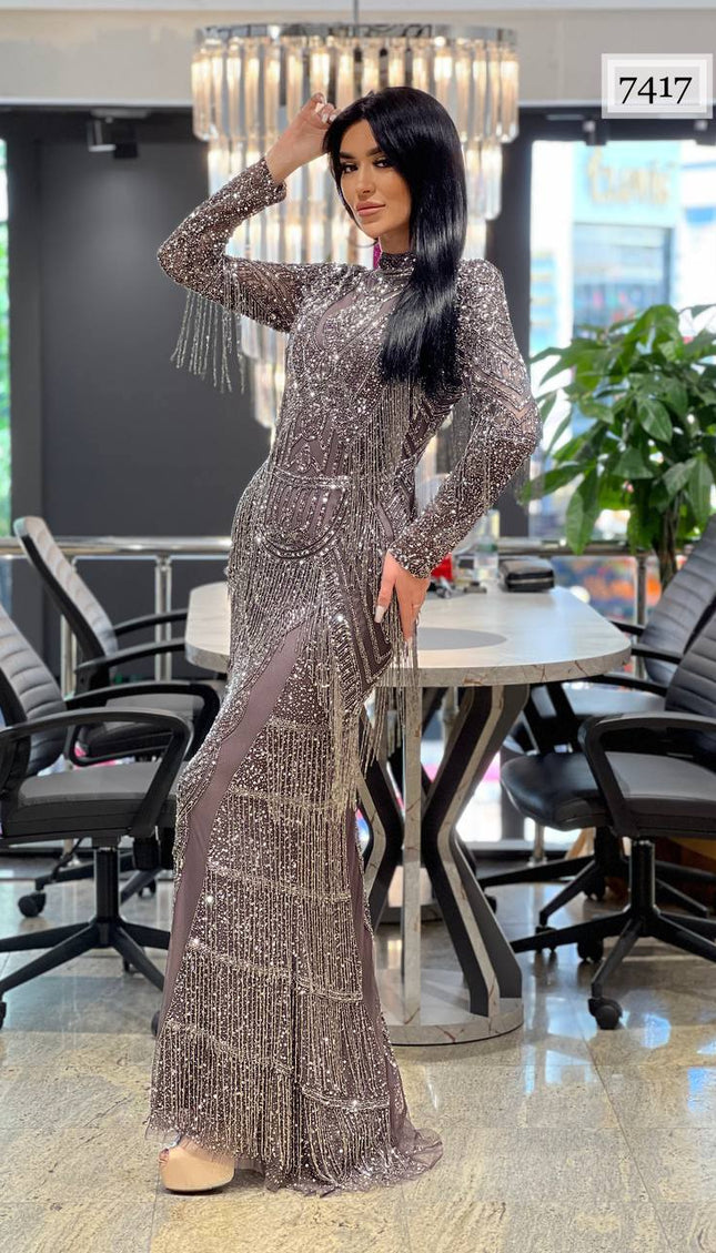 Fringe Crystal-Embellished Maxi Dress