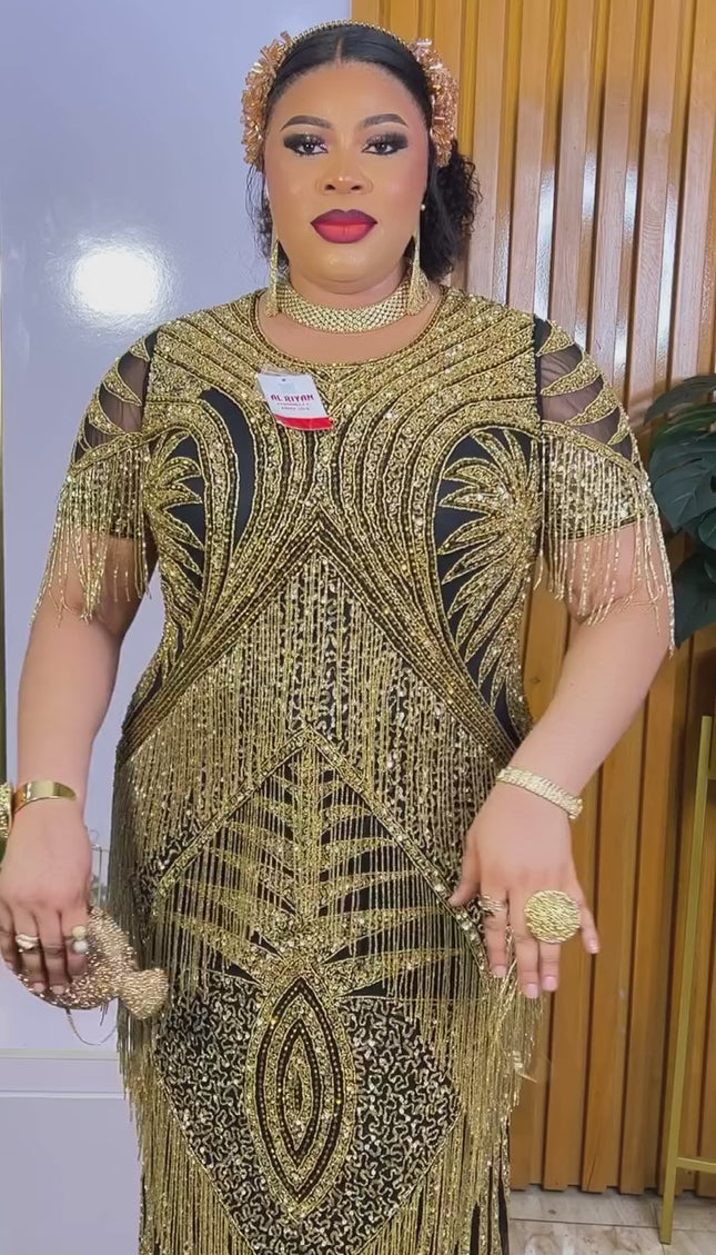 Embellished Gold Fringe Dress | Mother of The Bride Birthday Party Prom Bridal