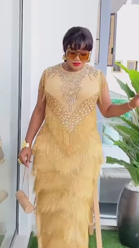 Fringe Crystal-Embellished Cap Sleeve Maxi Dress | Bridal Reception Wedding Mother of The Bride Birthday Party