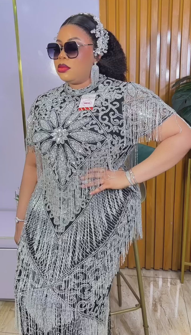Silver Crystal Fringe Embellished Maxi Dress